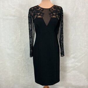 Karen Millen Black Lace Sheer Long Sleeve Pencil Sheath Dress US 10